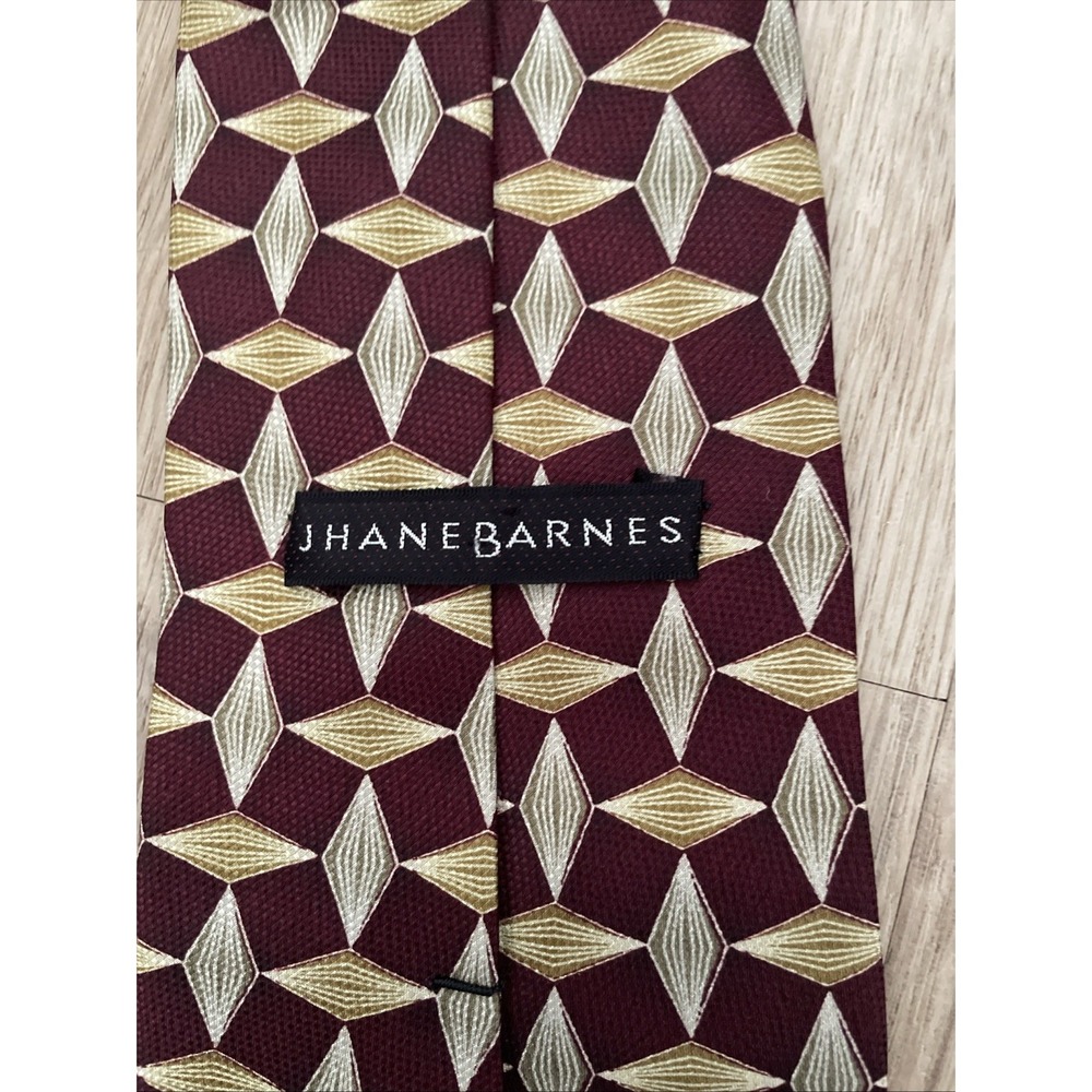 Jhane‎ Barnes Mens Silk Tie Burgundy Gold Geometric Diamond Made in Japan